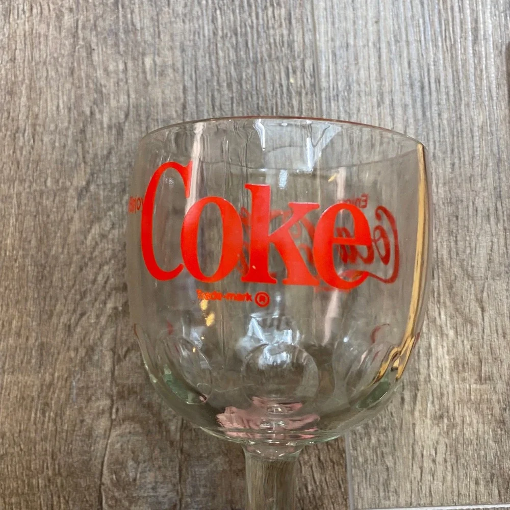 Vintage Coca-Cola Red Logo Thumbprint Glass Goblets Set of 2 Clear 6 Inch 1970s